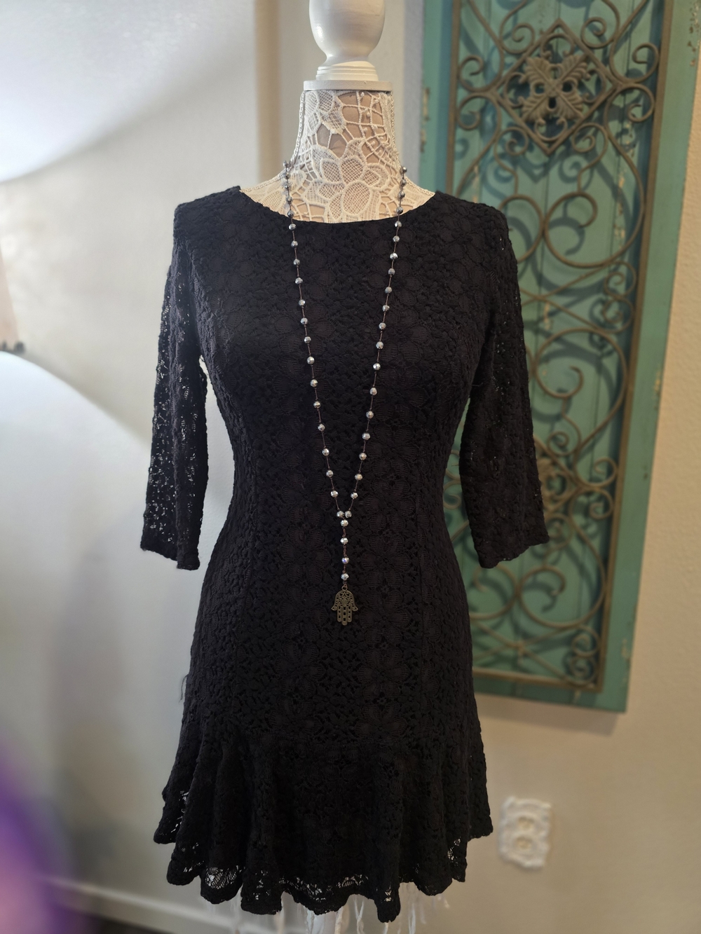 American Rag Black Lace Long Sleeve Flounce Hem Dress